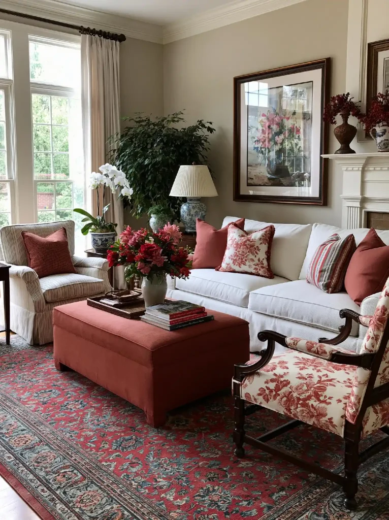 British colonial living room with floral armchair