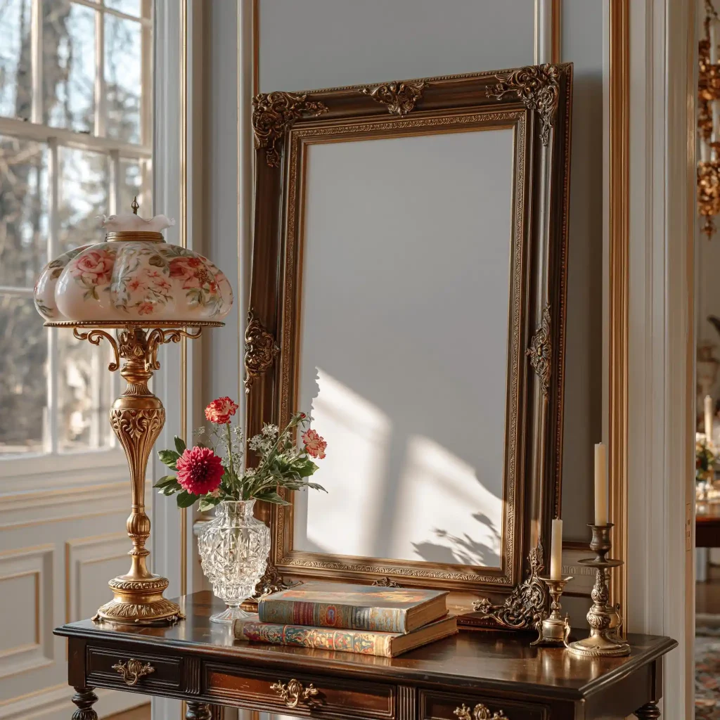 Colonial style console table with ornate gold mirror
