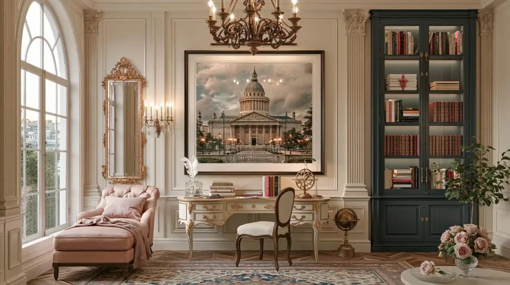 Colonial style home office with bookshelf and chandelier