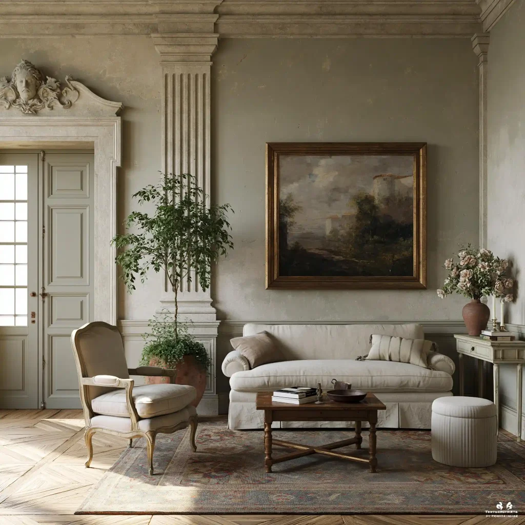 Colonial style living room with ornate pilasters