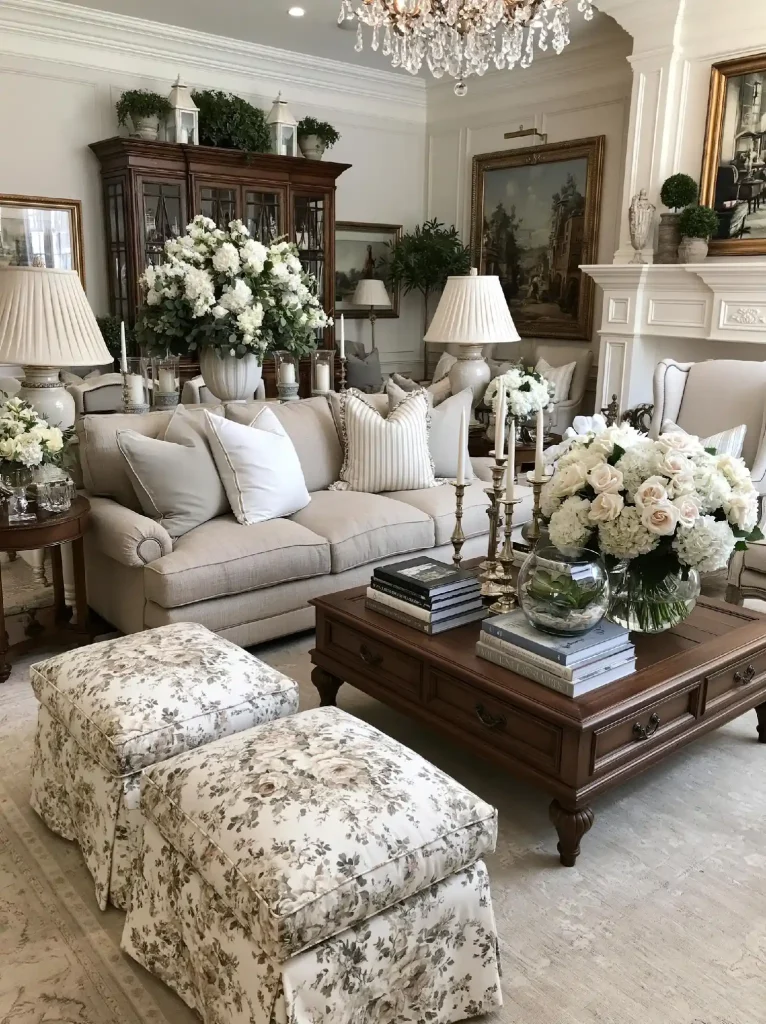 Colonial style living room with floral ottomans