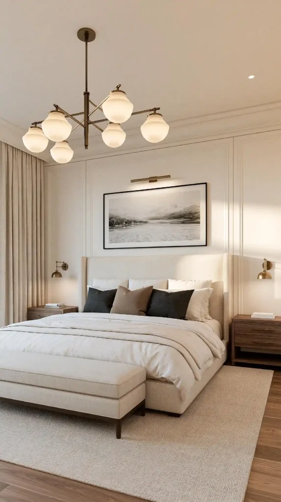 Contemporary bedroom chandelier idea with brass globes