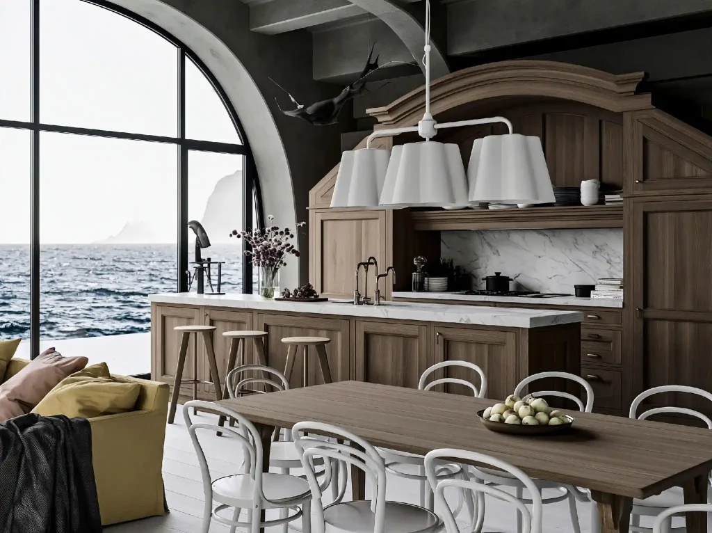 Contemporary Victorian kitchen with wood island layout