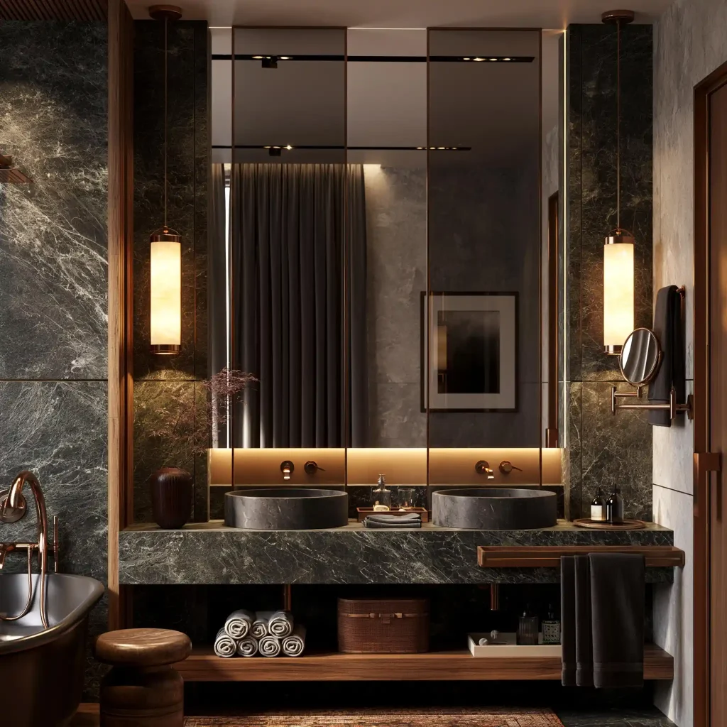Black and gold bathroom idea with marble vanity
