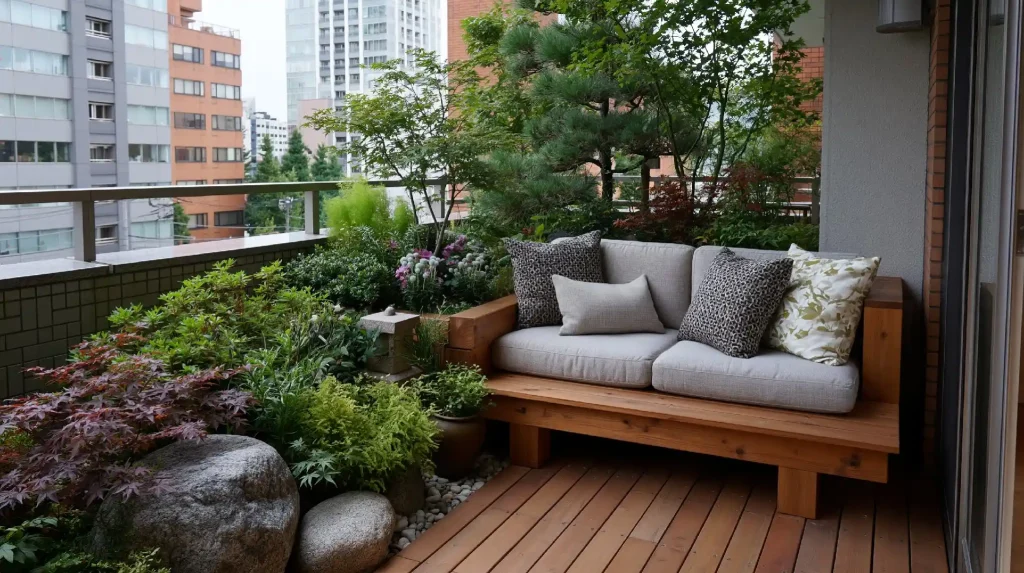 Bedroom balcony idea with green seating nook