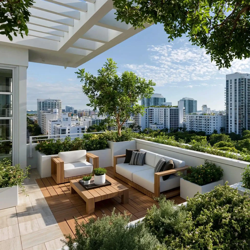  Bedroom balcony idea with pergola and city view
