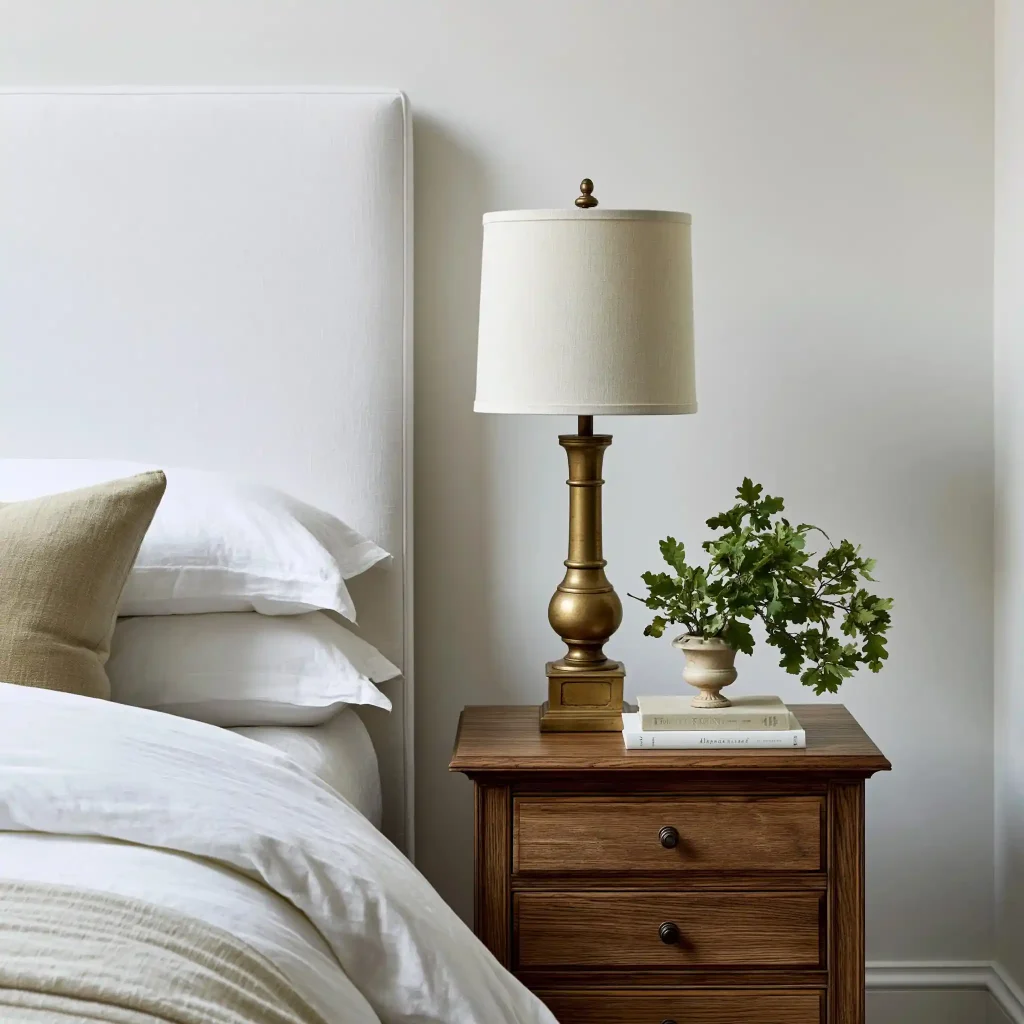 Brass bedroom table lamp with linen shade