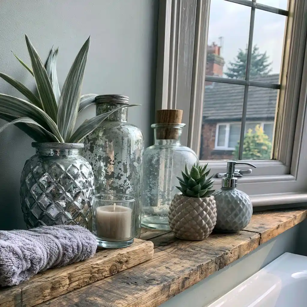 Mercury glass jars and plant on bathroom window sill