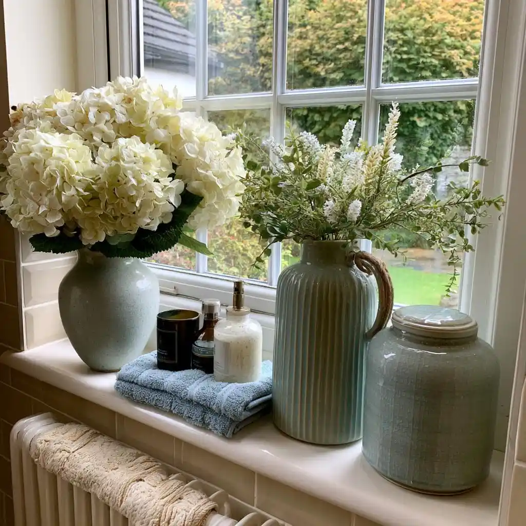 Hydrangeas and ceramic jug on bathroom sill