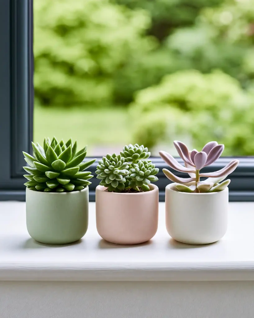Mini succulents in pastel pots on sill