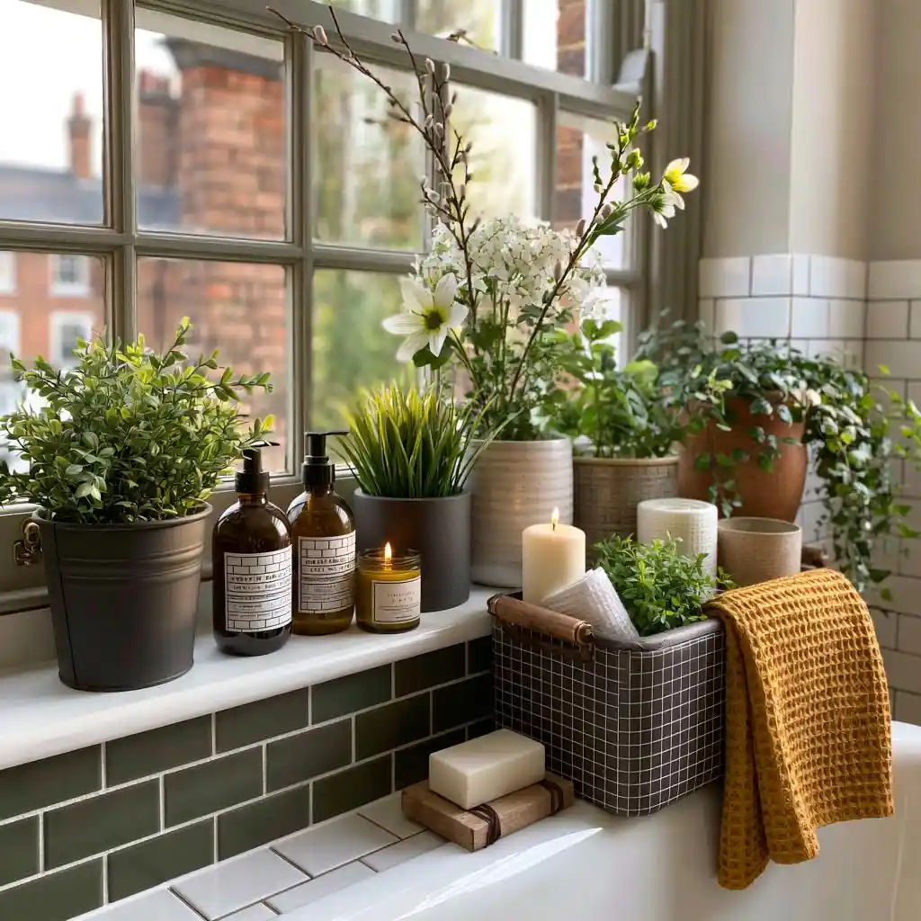 Plants and candle styled on bathroom sill