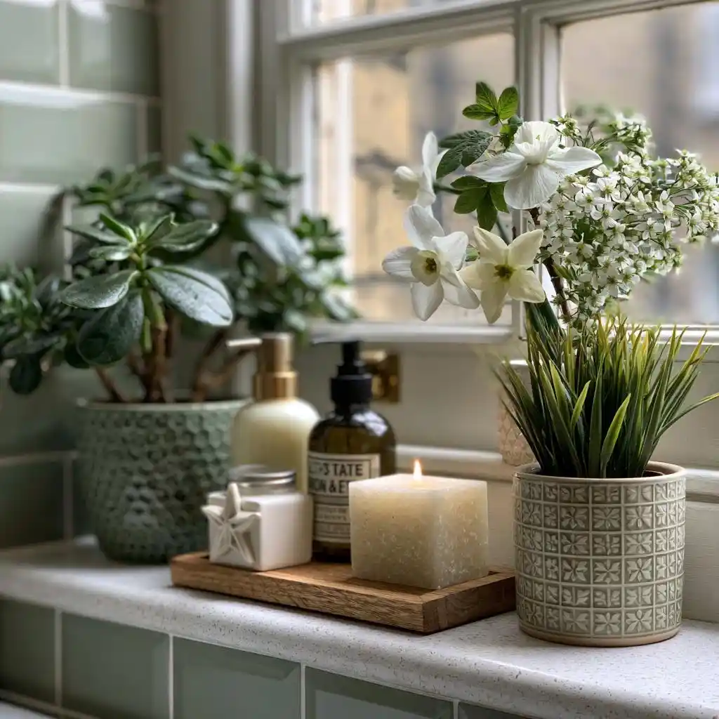 Plants and flowers on bathroom window sill