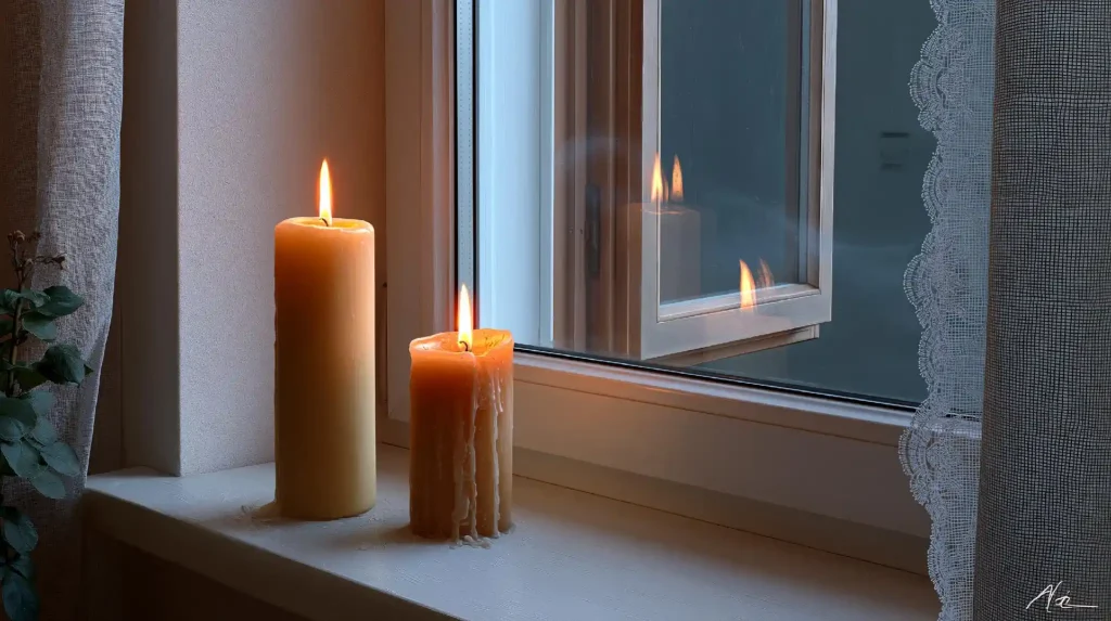  Scented candles styled on bathroom window sill