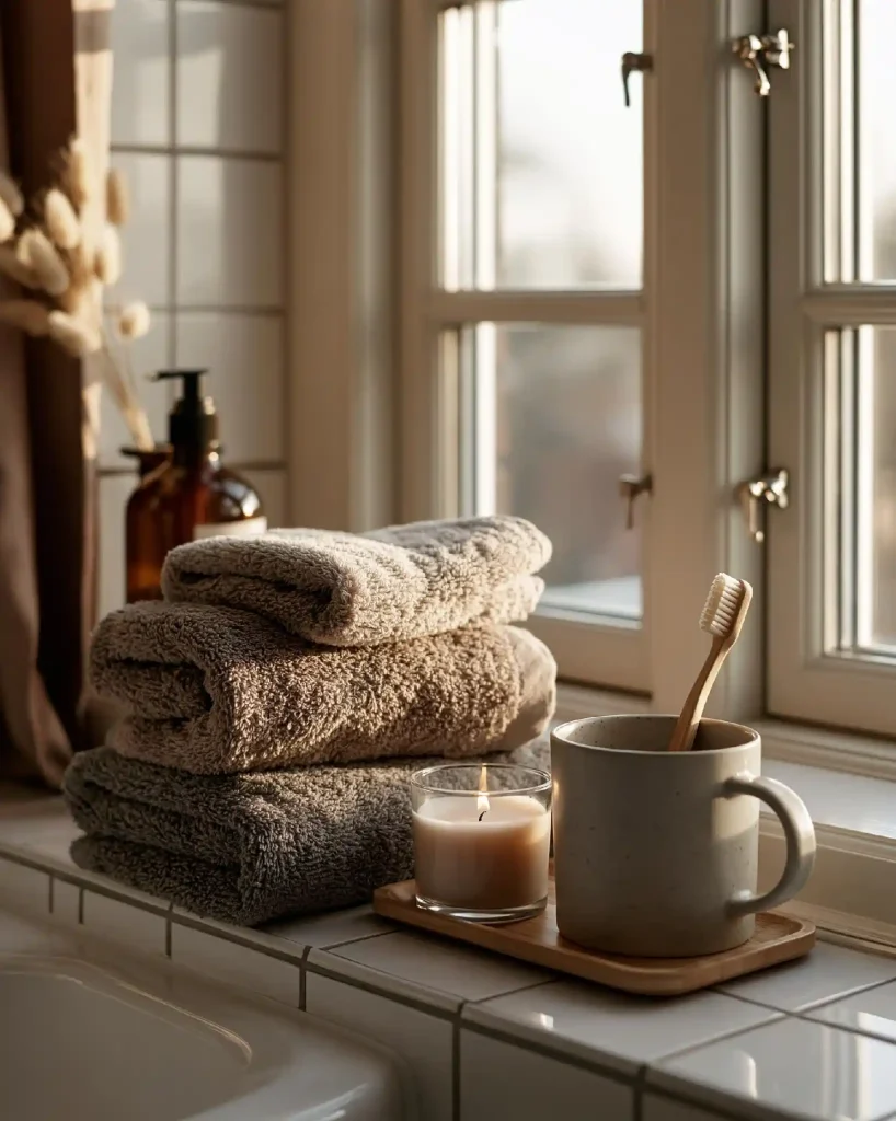 Folded towels and toothbrush on window sill