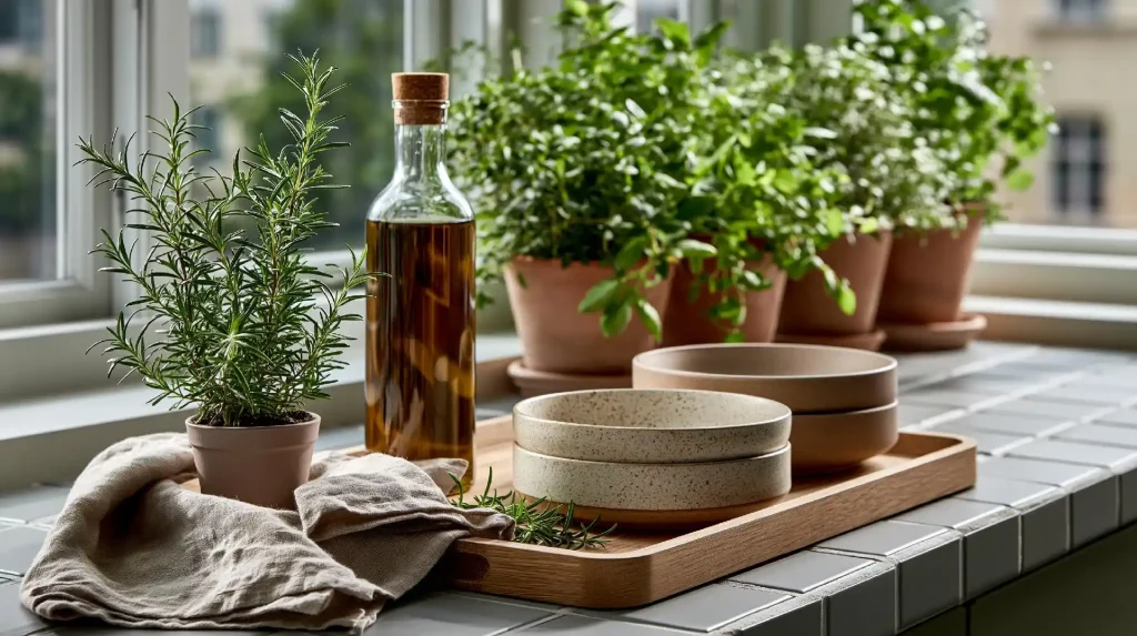 Decorative tray with rosemary and ceramic bowls