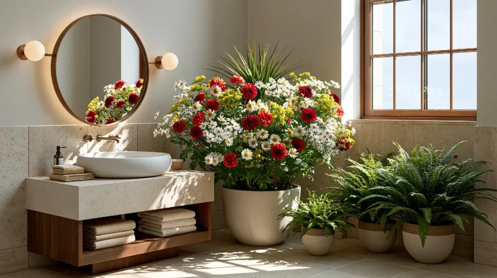 Bathroom floral decor idea with fresh flowers