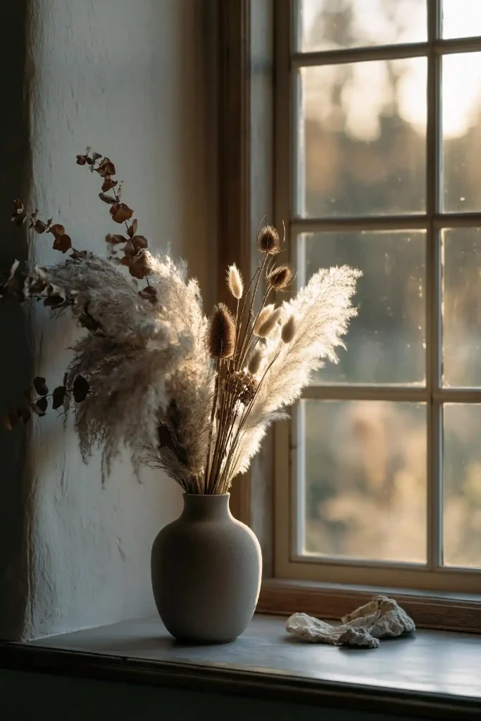Dried pampas grass on bathroom window sill