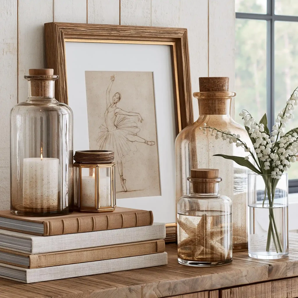 Glass jars and books on bathroom sill
