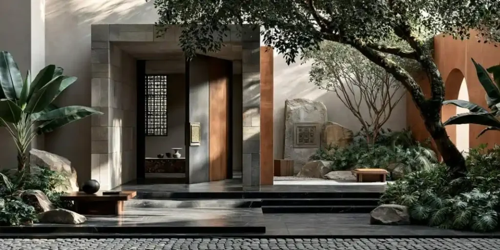 Small door decoration ideas with stone courtyard