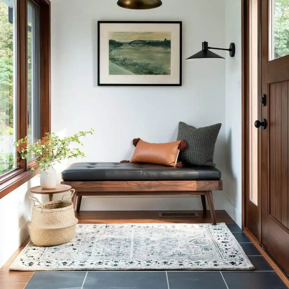 Entryway bench with wall sconce and artwork