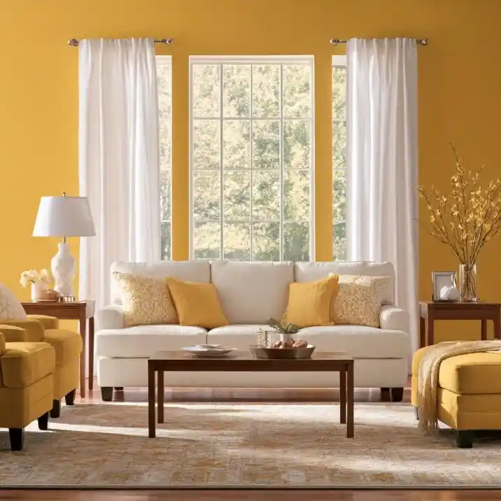 White curtains in golden yellow living room