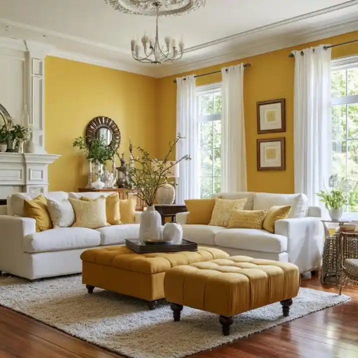 White curtains in traditional mustard yellow living room