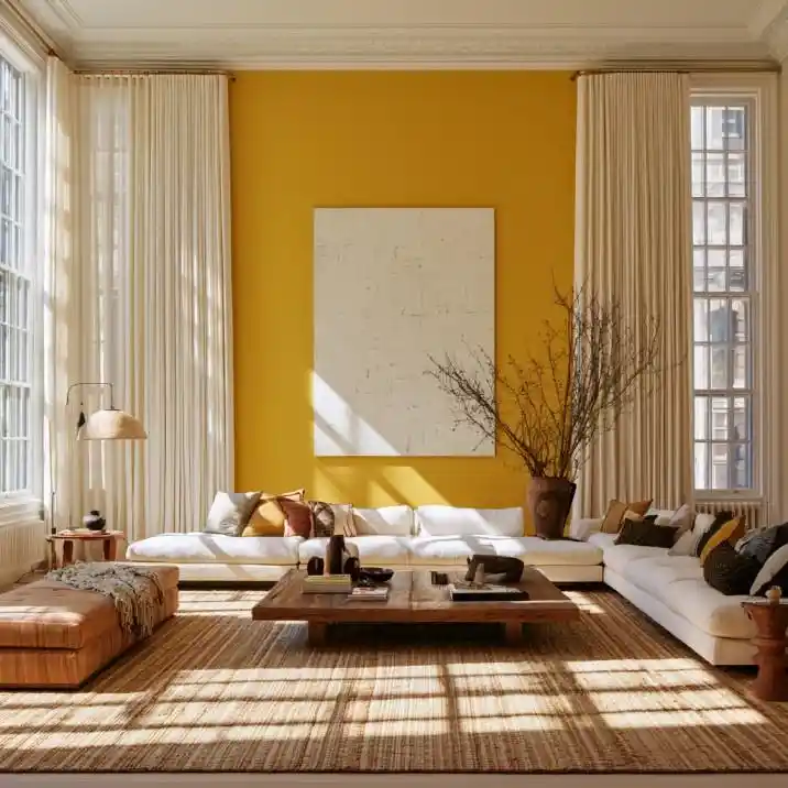 White curtains in sunlit mustard yellow living room
