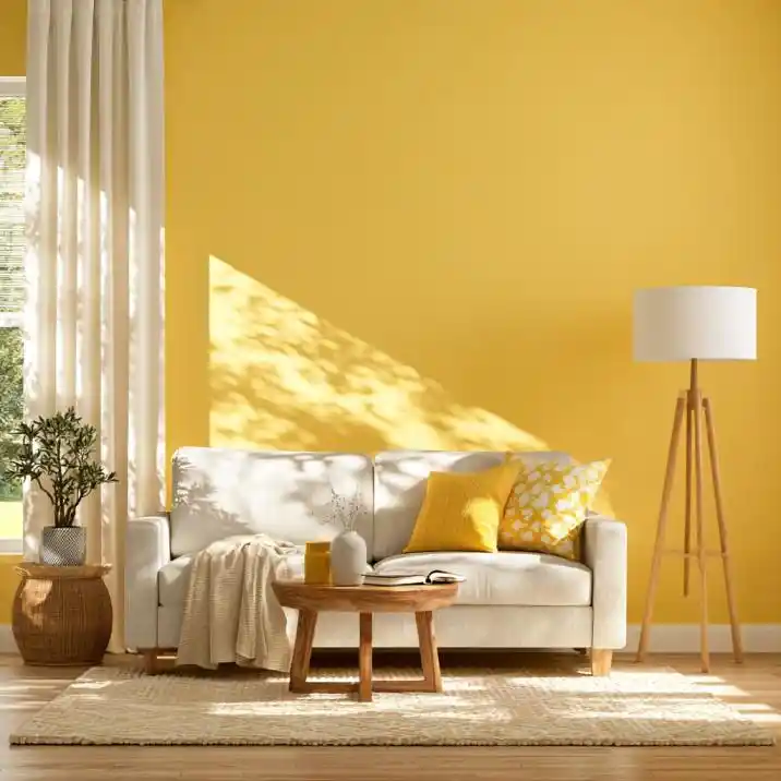 Sheer white curtains in mustard yellow living room
