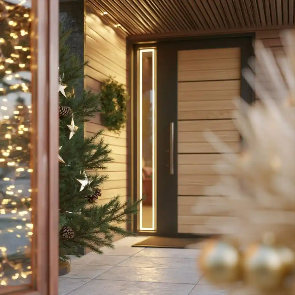  Modern entrance decorated with wreath and fairy lights