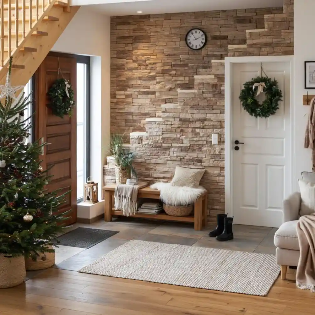 Stone feature wall in rustic home entrance