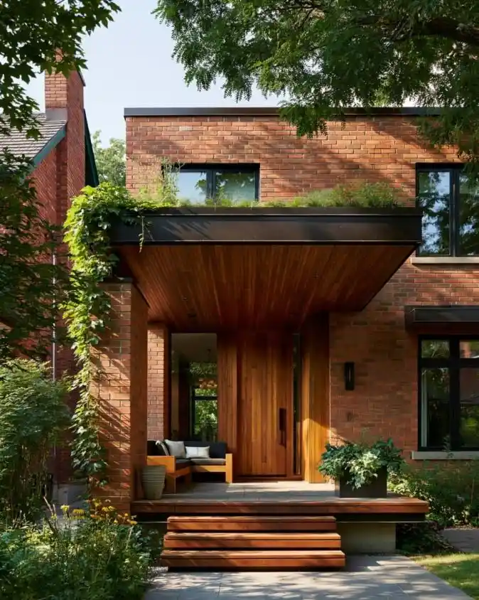 Modern brick home entrance with wood canopy