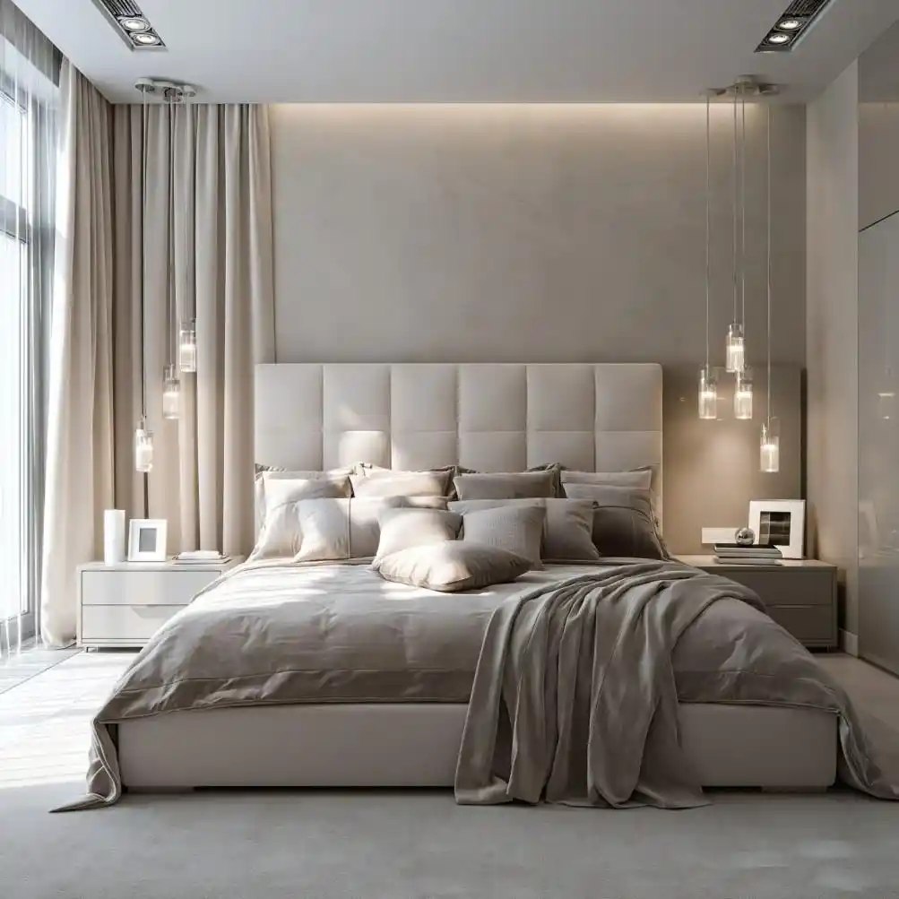  Slim cylindrical pendant lights beside modern bed