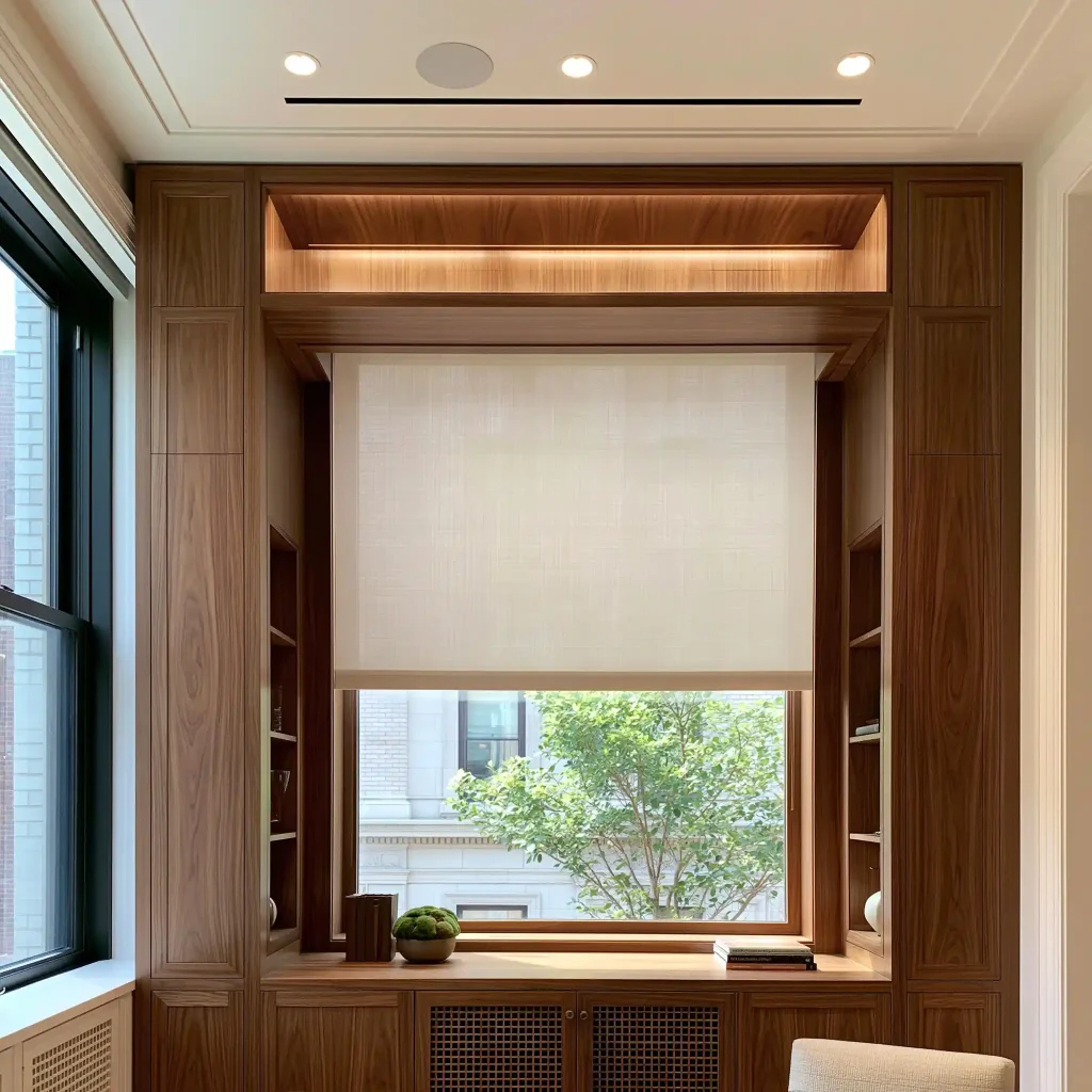 Modern window decor idea with roller blind and lighting