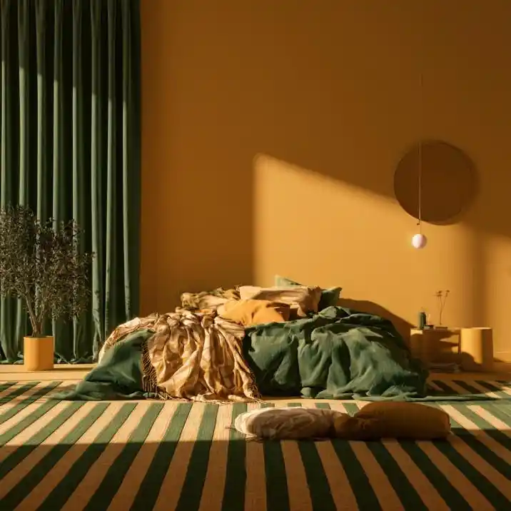 Olive green curtains in mustard yellow bedroom