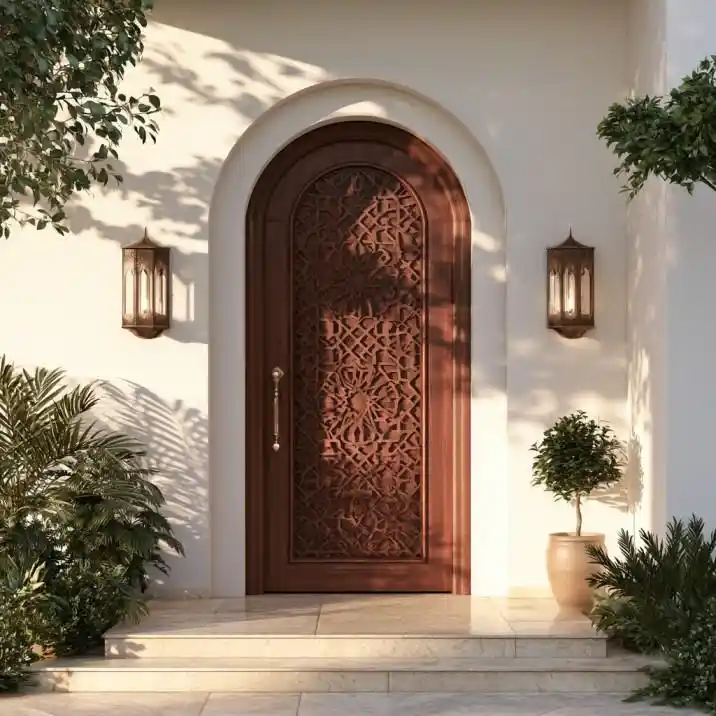 Carved arch door with matching outdoor lanterns
