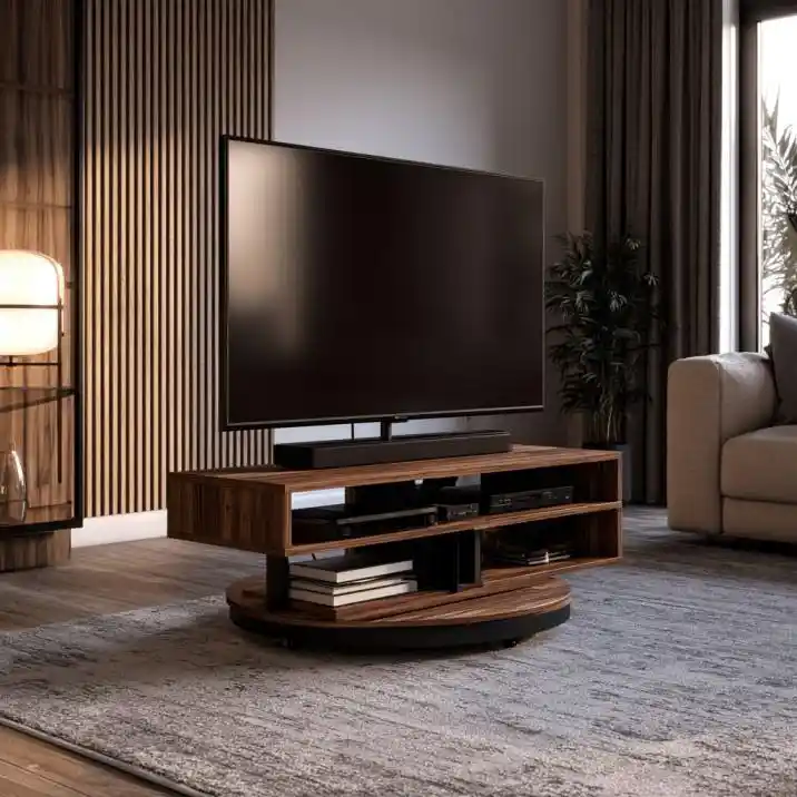 Rotating TV stand with shelf storage in living room