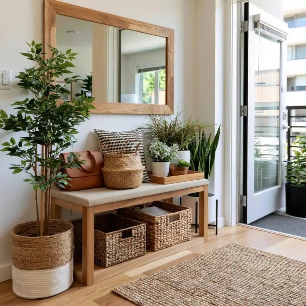  Scandinavian entryway with mirror and storage baskets