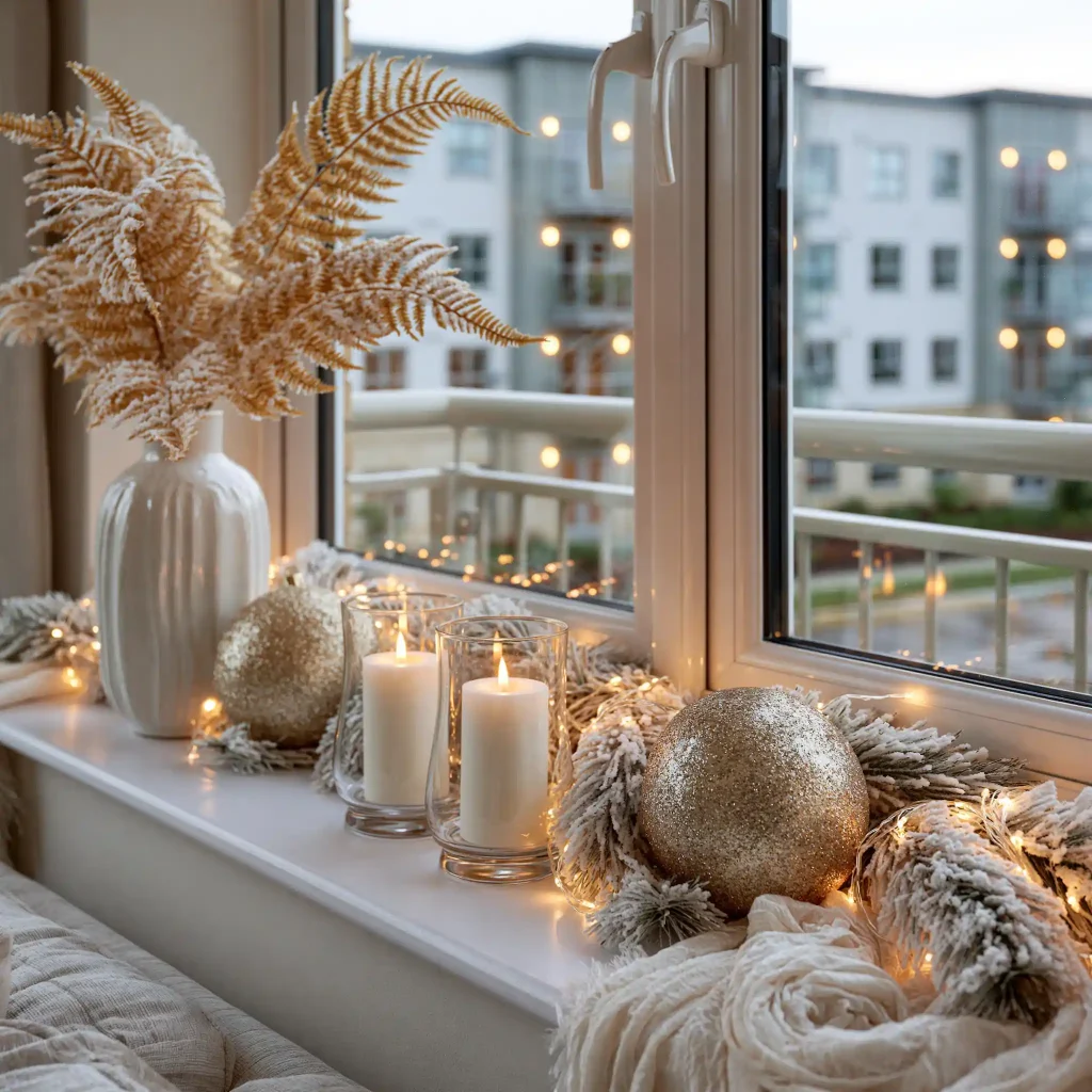 Seasonal window sill decoration with candles and vase