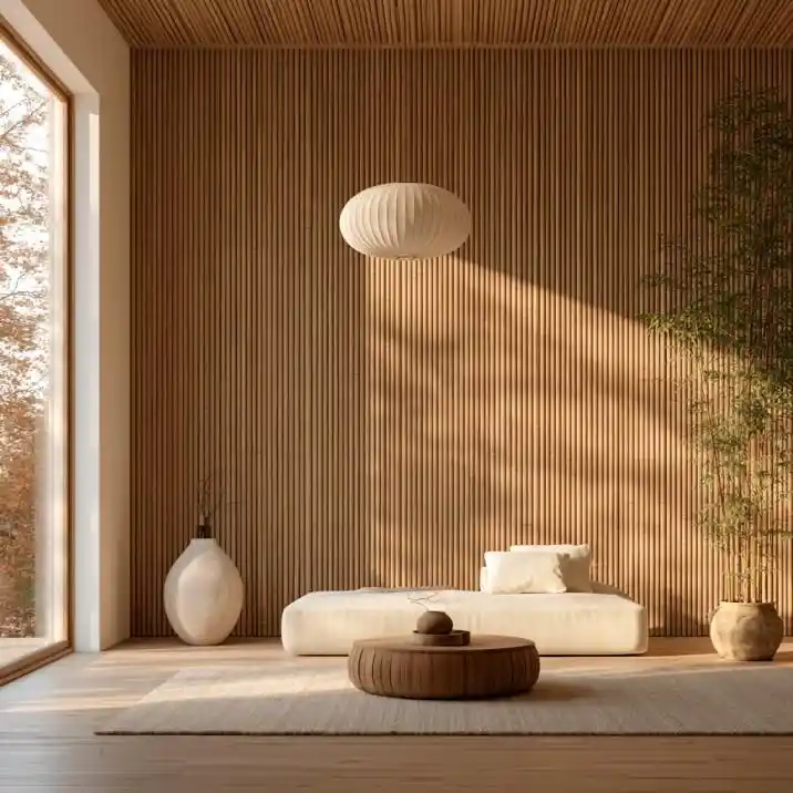 Vertical bamboo slats for warm, textured feature wall in bedroom.