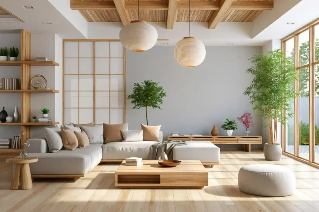 Bamboo wall design idea in Japandi living room