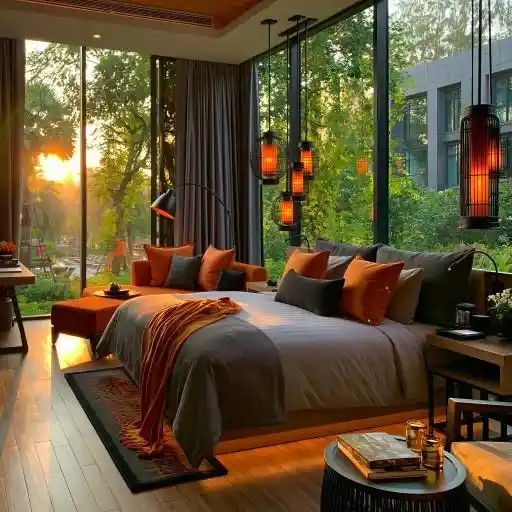  Amber cage pendant lights beside bedroom window