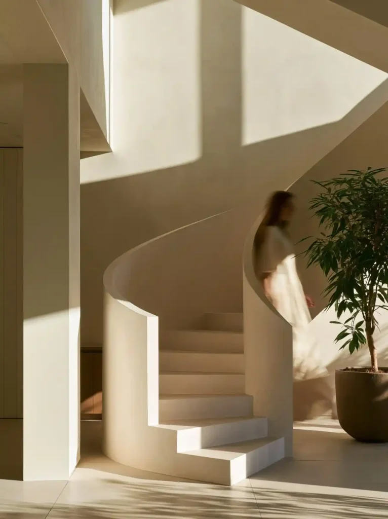 Curved concrete staircase in luxury home interior
