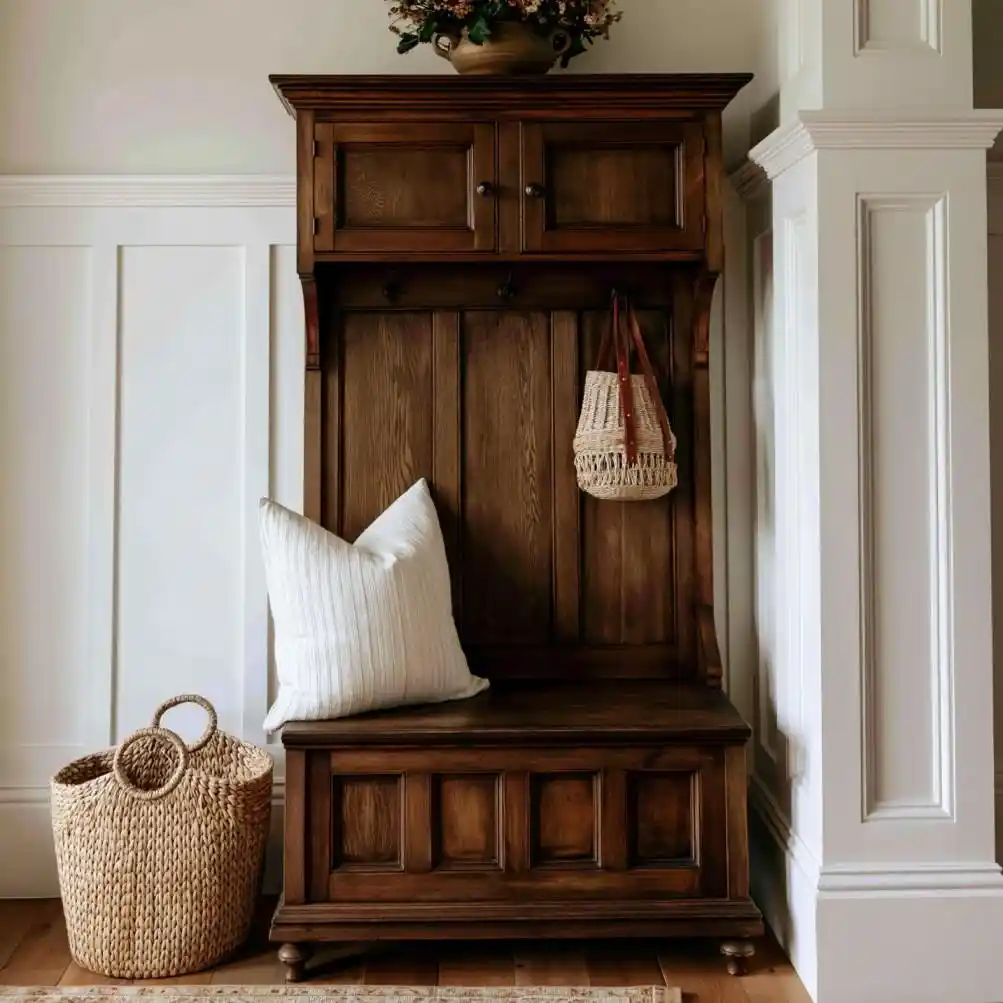 Entrance wall design ideas featuring a classic wood hall tree with storage