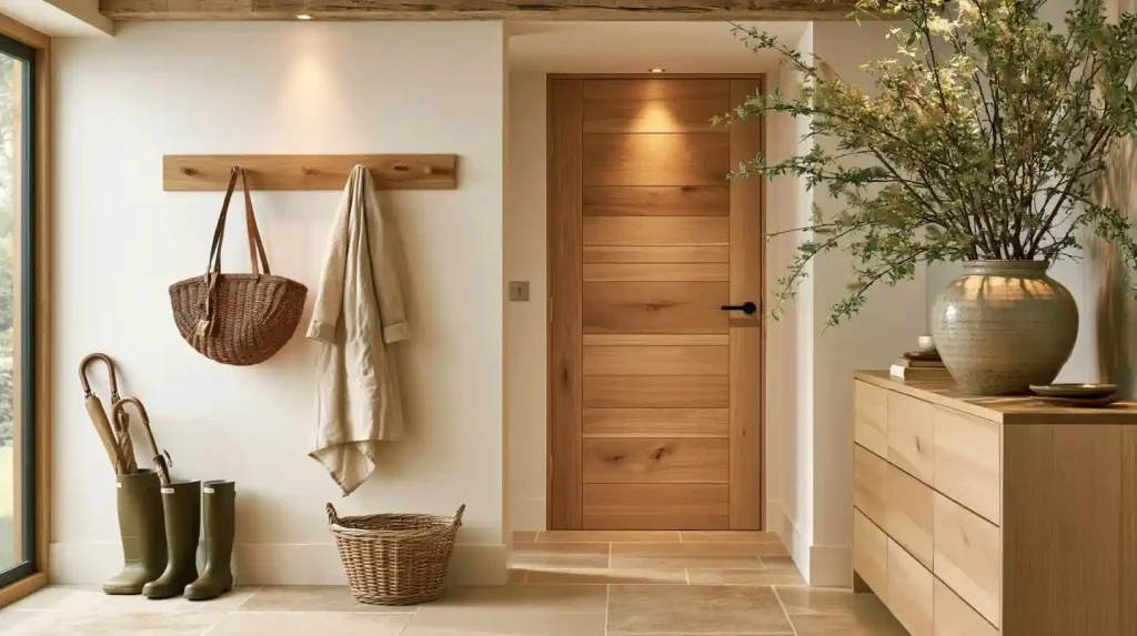 Wood entrance wall with hooks and storage console