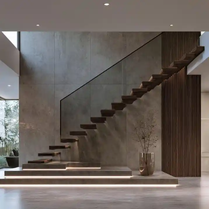 Floating concrete staircase with glass wall view
