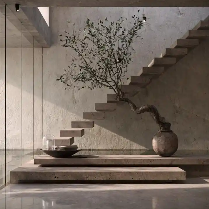 Floating concrete staircase in minimalist zen interior