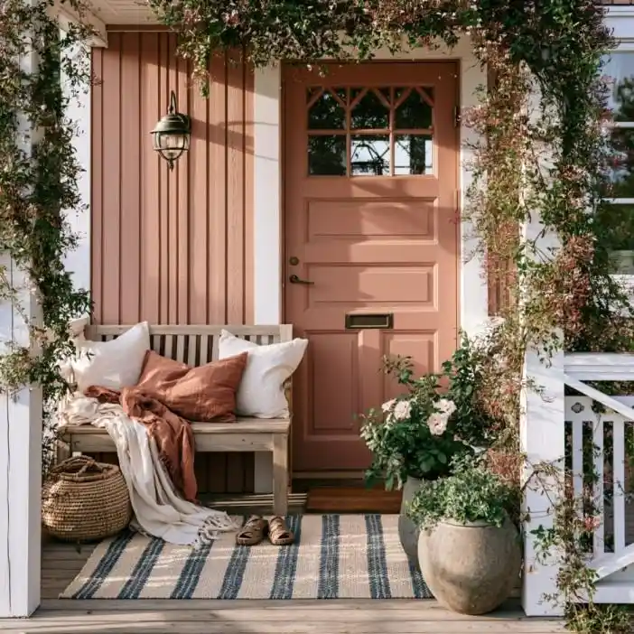 Pink front door with vines and porch bench