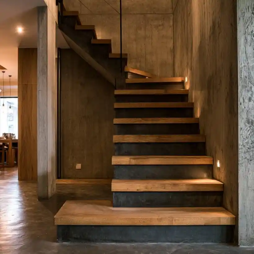 Concrete staircase with wood treads and lighting