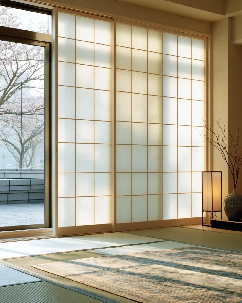 Japandi sliding glass window decoration idea with soft light