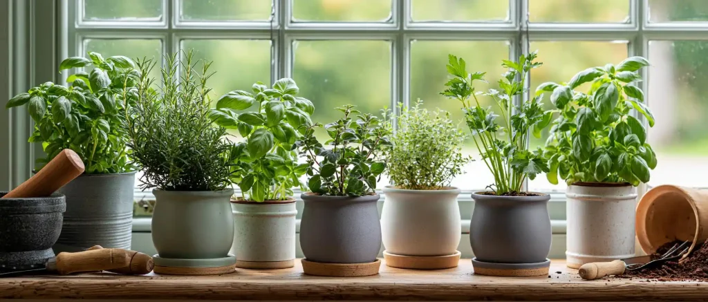 Kitchen window decor idea with herb garden sill
